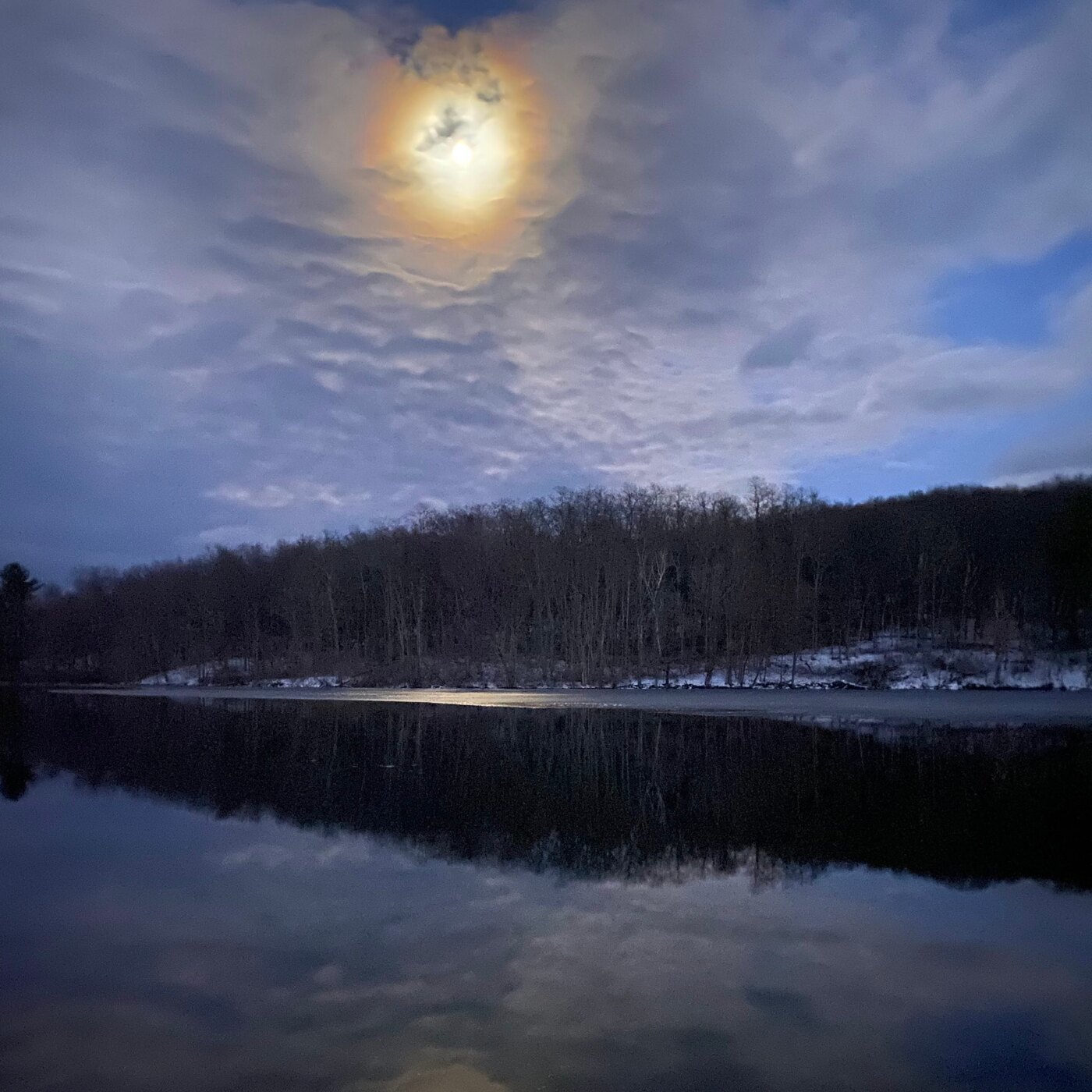 Orange moon rising over a Columbia County hillside at dusk
